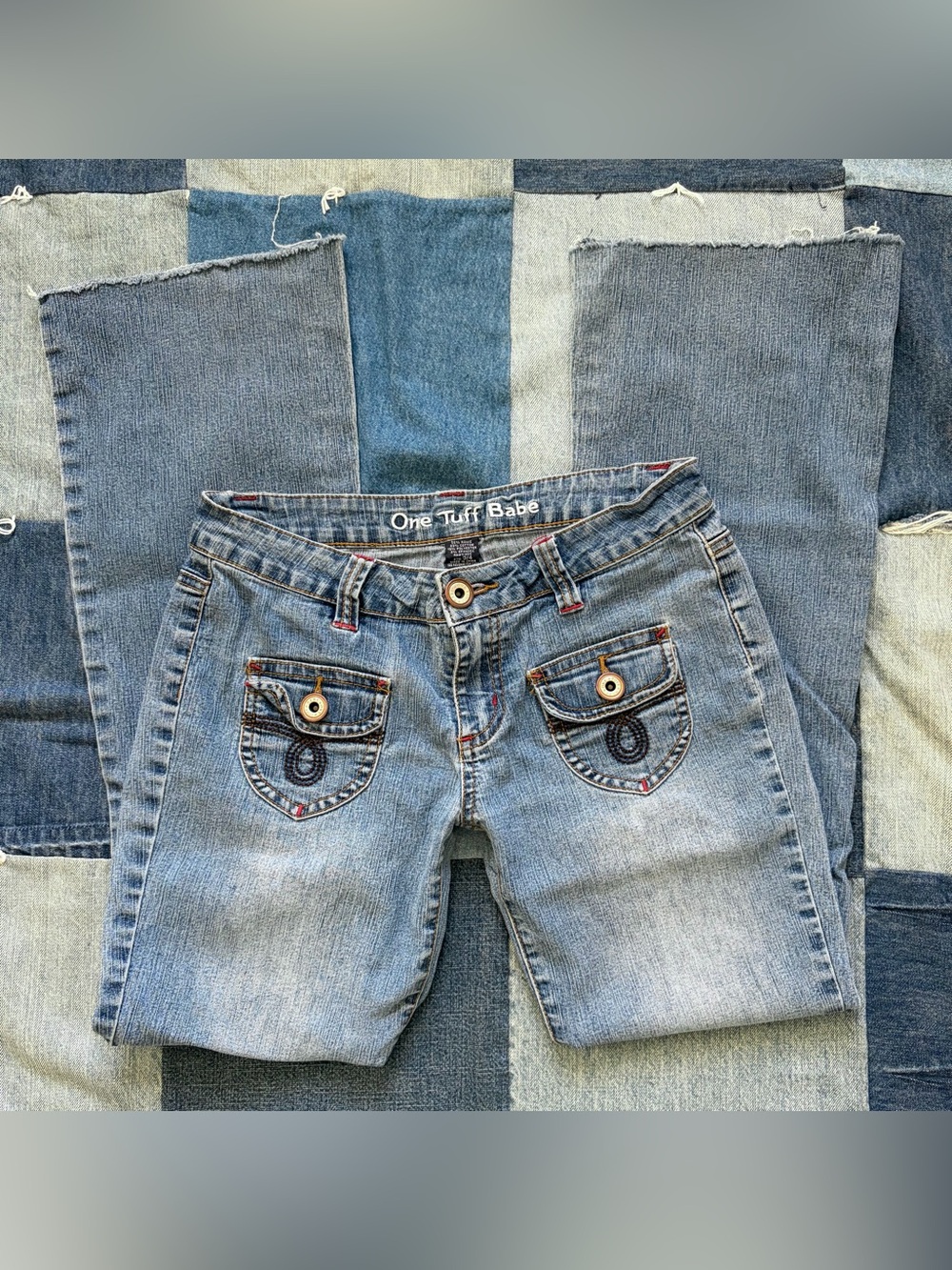 vtg y2k low rise bootcut flare jeans one tuff babe denim embroidered size 3/4